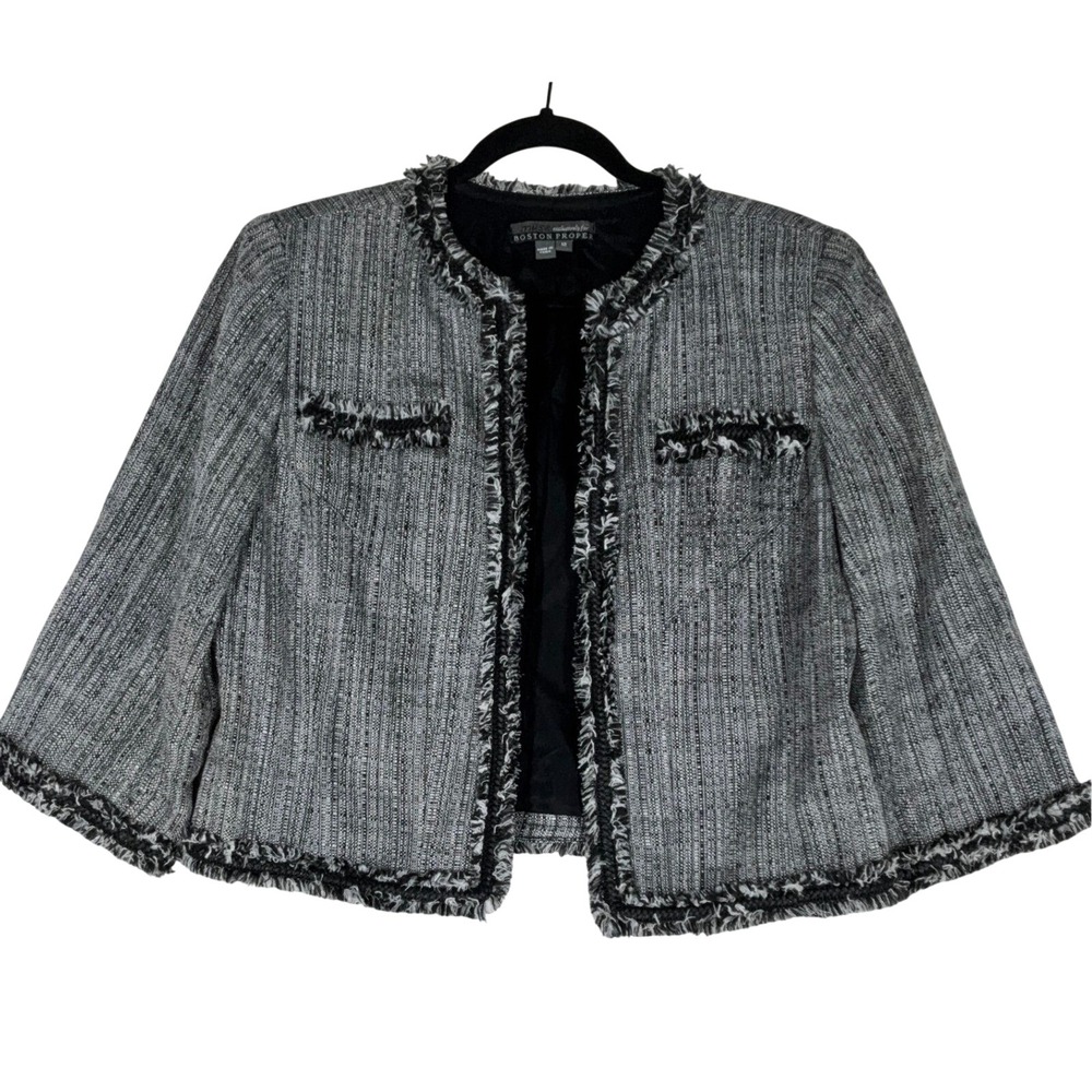 Boston Proper Black Tweed Jacket - 12 - Fringe Trim Open Front Chic Career Prep